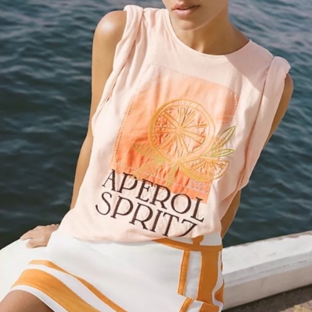 Anthropologie Citrus Aperol Spritz Embroidered Sleeveless Top
